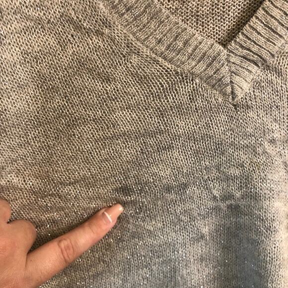 Express Womens Sweater Gray Metallic Thin Deep V Neck Merino Wool Blend Large - Picture 12 of 13